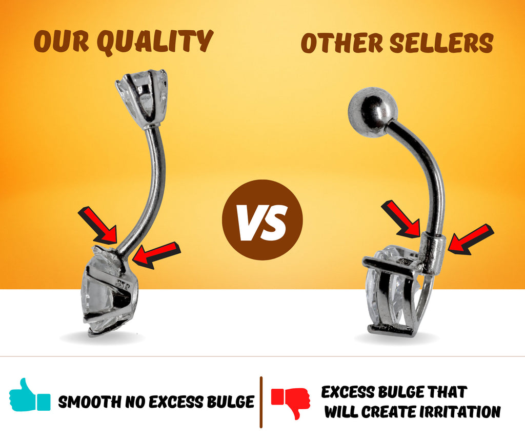 Silver Belly Button Rings, Navel Piercing - Flip Flop Belly Piercing with High Quality CZ Crystals -Navel Jewelry-16g (1.6mm) Length is 10mm