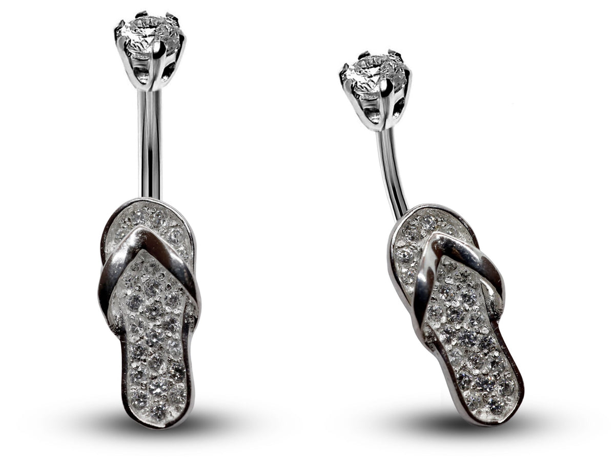 Silver Belly Button Rings, Navel Piercing - Flip Flop Belly Piercing with High Quality CZ Crystals -Navel Jewelry-16g (1.6mm) Length is 10mm