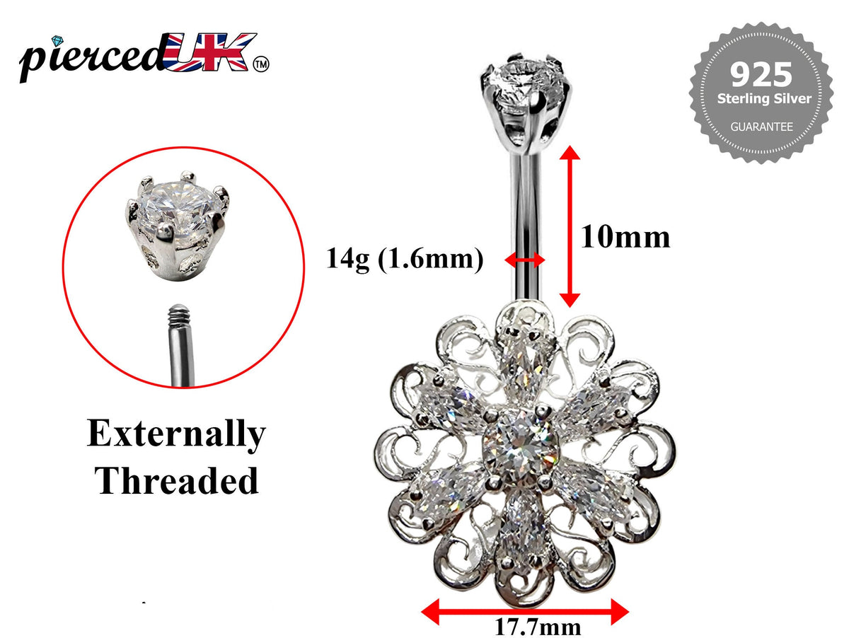 Silver Belly Button Piercing, Belly Bars - Unique Style Belly Ring with High Quality CZ Crystals - Navel Ring - 16g (1.6mm) Length is 10mm