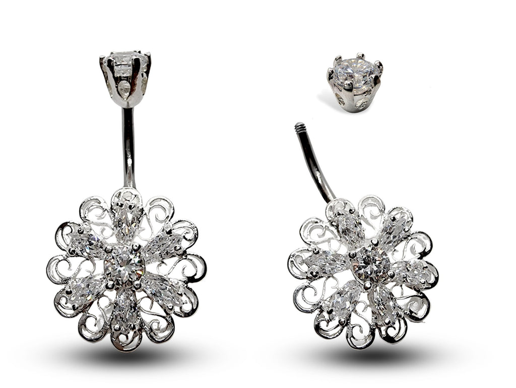 Silver Belly Button Piercing, Belly Bars - Unique Style Belly Ring with High Quality CZ Crystals - Navel Ring - 16g (1.6mm) Length is 10mm