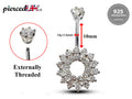 Silver Belly Button Rings, Navel Piercing - Floral Belly Bar with Center Hole and CZ Crystals - Navel Jewelry - 16g (1.6mm) Length is 10mm
