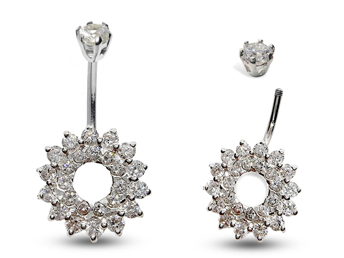 Silver Belly Button Rings, Navel Piercing - Floral Belly Bar with Center Hole and CZ Crystals - Navel Jewelry - 16g (1.6mm) Length is 10mm