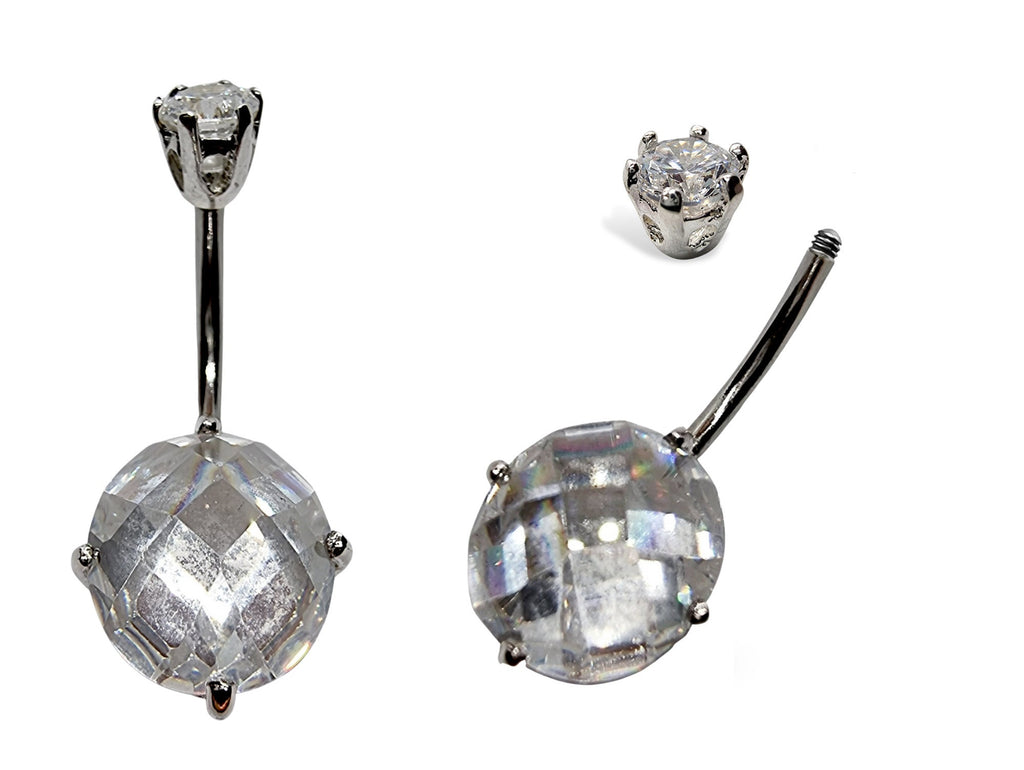 Silver Belly Bars, Belly Piercing - Designer Belly Ring with High Quality Oval CZ Crystals - Navel Jewelry - 16g (1.6mm) Length is 10mm