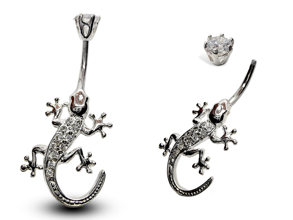 Silver Belly Button Piercing, Belly Bars - Gecko Lizard Belly Ring with High Quality CZ Crystals - Navel Ring - 16g (1.6mm) Length is 10mm