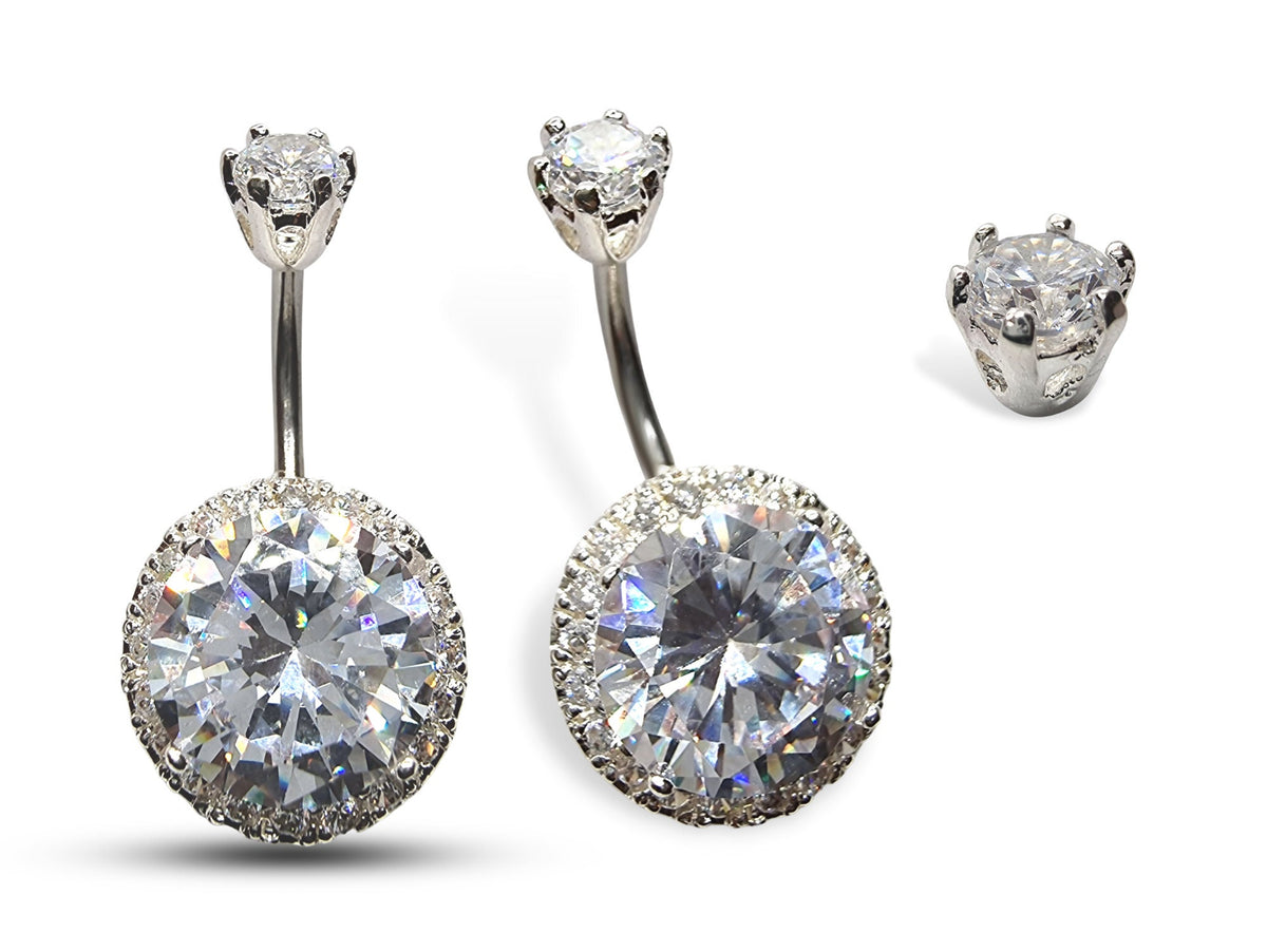 Silver Belly Button Rings, Navel Piercing - Belly Piercing with High Quality CZ Crystals - Navel Jewelry - 16g (1.6mm) Length is 10mm