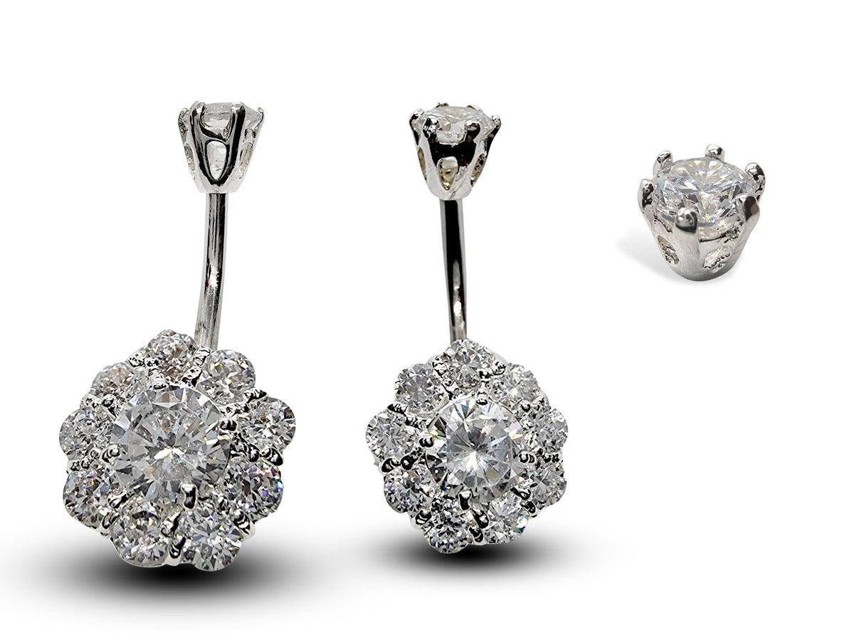 Silver Belly Bars, Belly Piercing - Flower Belly Button Ring with High Quality CZ Crystals - Navel Jewelry - 16g (1.6mm) Length is 10mm