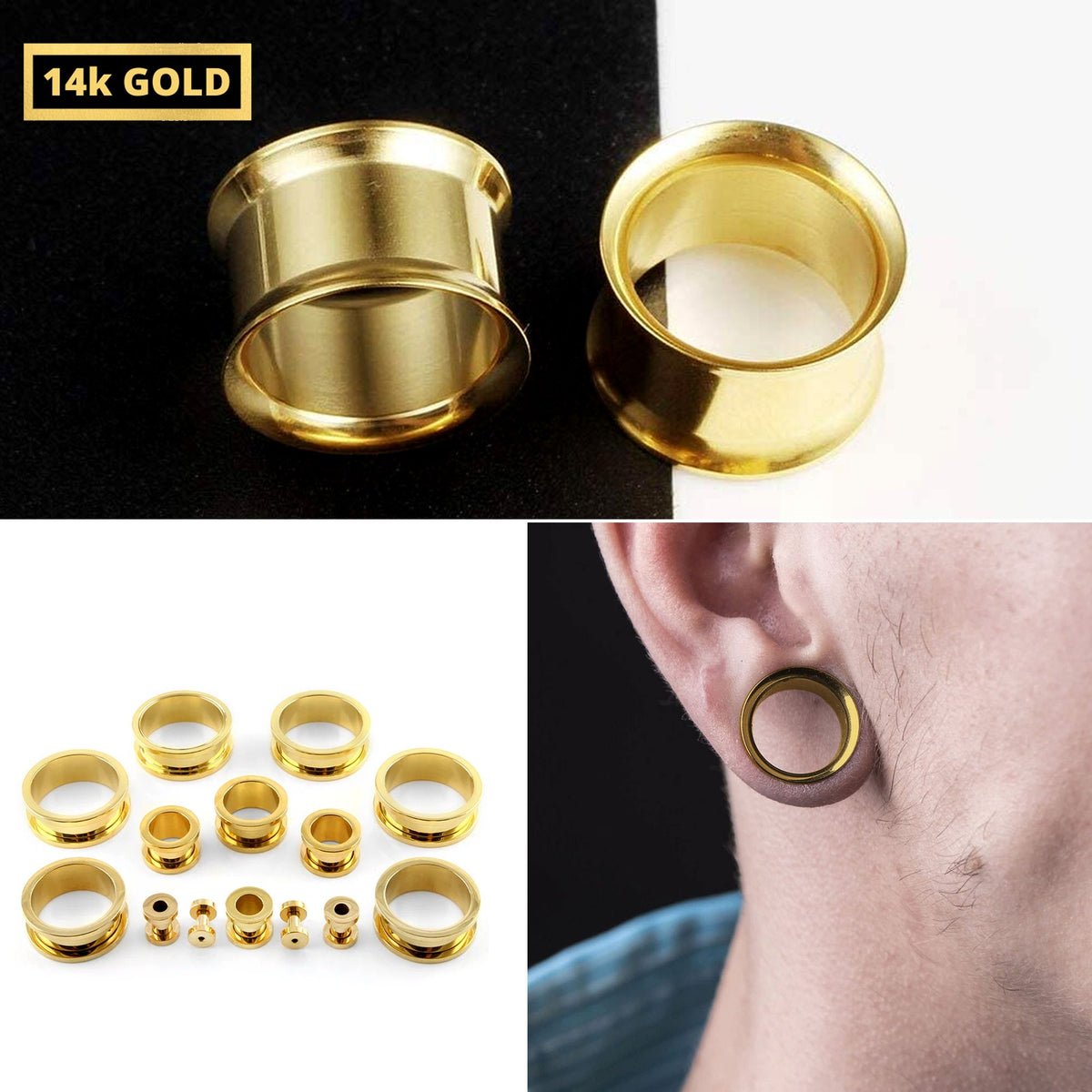 14K Gold Double Flared Plugs Earrings - 2g 4g 6g 8g 0g  Ear Tunnel Stretcher Plugs, Flared Eyelet - Expander Body Piercing
