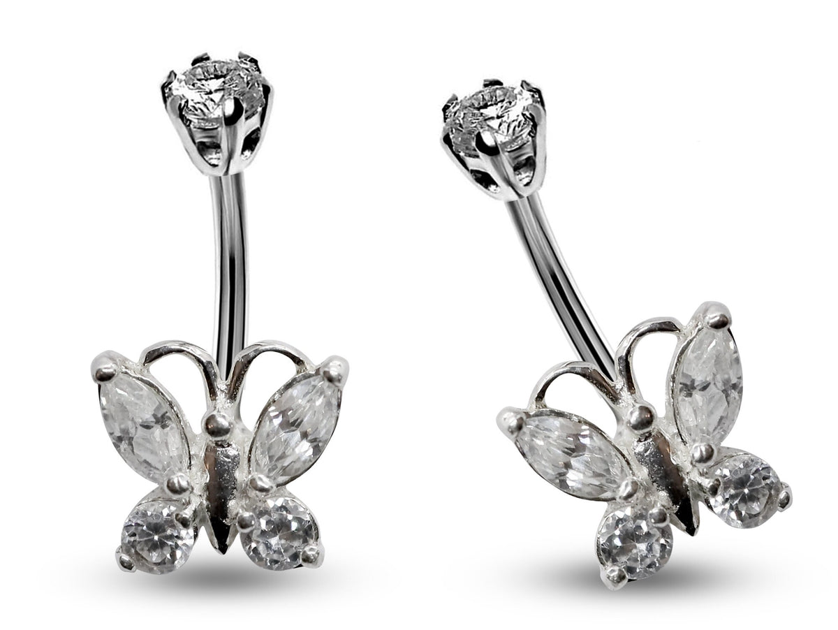 Silver Belly Bars, Navel Ring - Butterfly Belly Ring with High Quality CZ Crystals - Curved Barbell - 16g (1.6mm) Length is 8mm