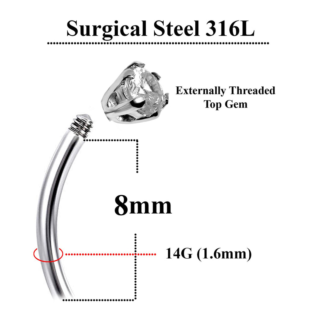Silver Belly Bars, Navel Ring - Butterfly Belly Ring with High Quality CZ Crystals - Curved Barbell - 16g (1.6mm) Length is 8mm