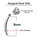 Silver Belly Bars, Navel Ring - Butterfly Belly Ring with High Quality CZ Crystals - Curved Barbell - 16g (1.6mm) Length is 8mm