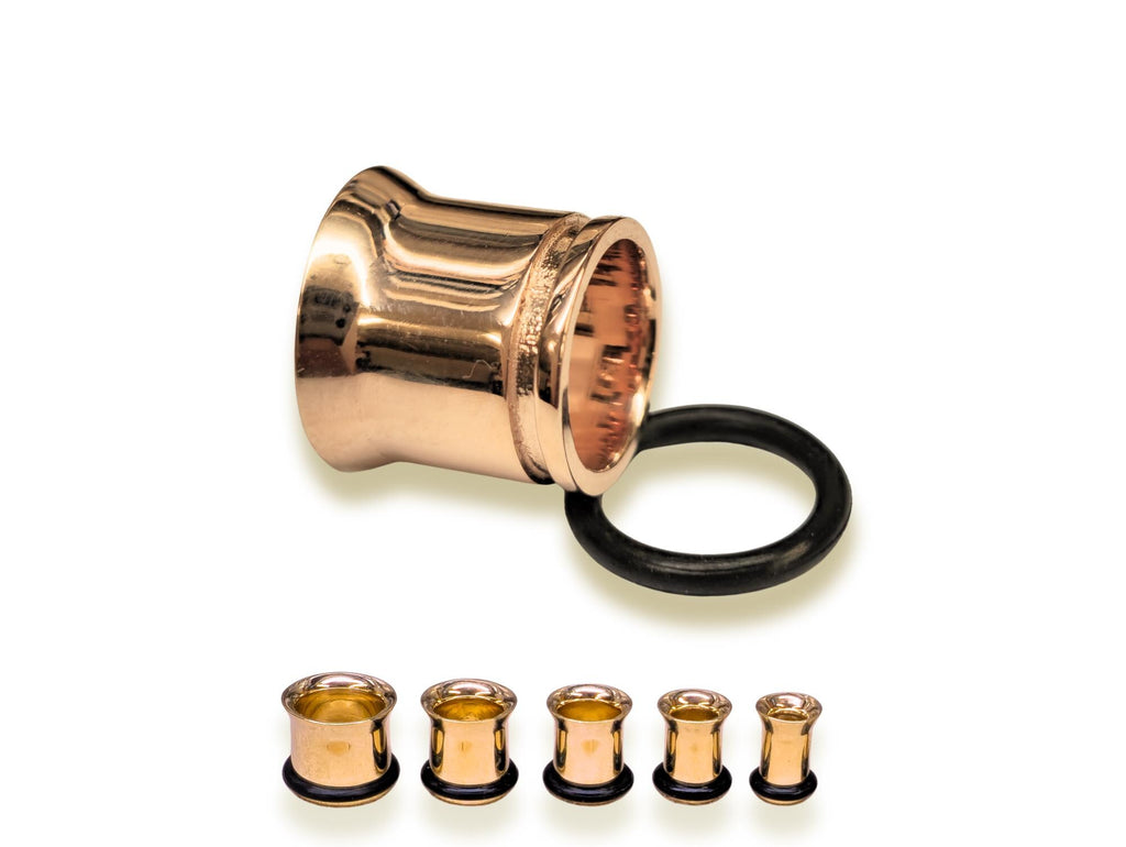 14K Rose Gold Ear Stretching Plugs, Single Flared Plug with Groove, Ear Gauges, Expander Body Piercing from 2G to 10G