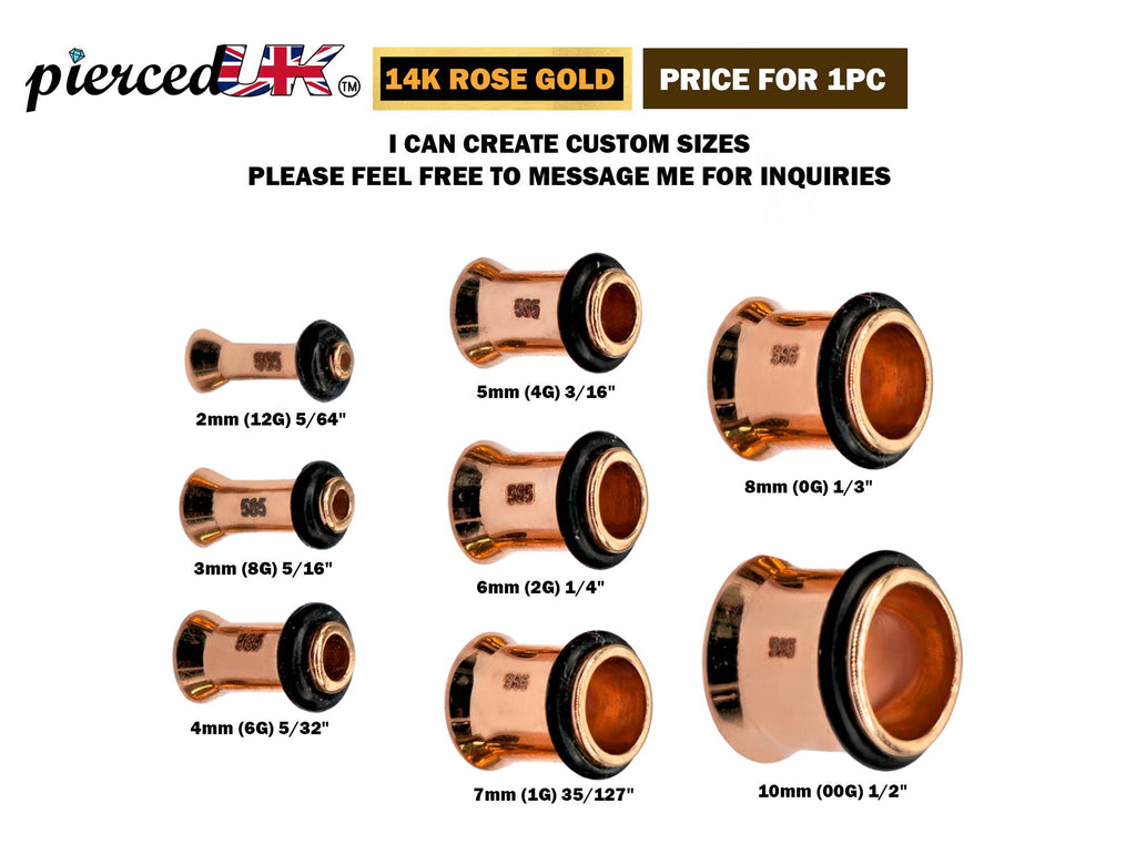 14K Rose Gold Ear Stretching Plugs, Single Flared Plug with Groove, Ear Gauges, Expander Body Piercing from 2G to 10G