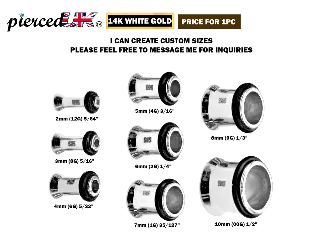 14K White Gold Ear Stretching Plugs, Single Flared Plug with Groove, Ear Gauges, Expander Body Piercing from 2G to 10G