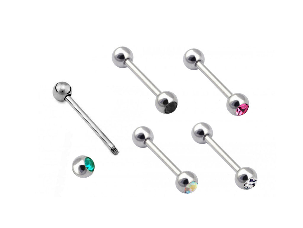 Titanium Barbell Piercing with Single Gem Balls: 14g-18g, 6mm-24mm