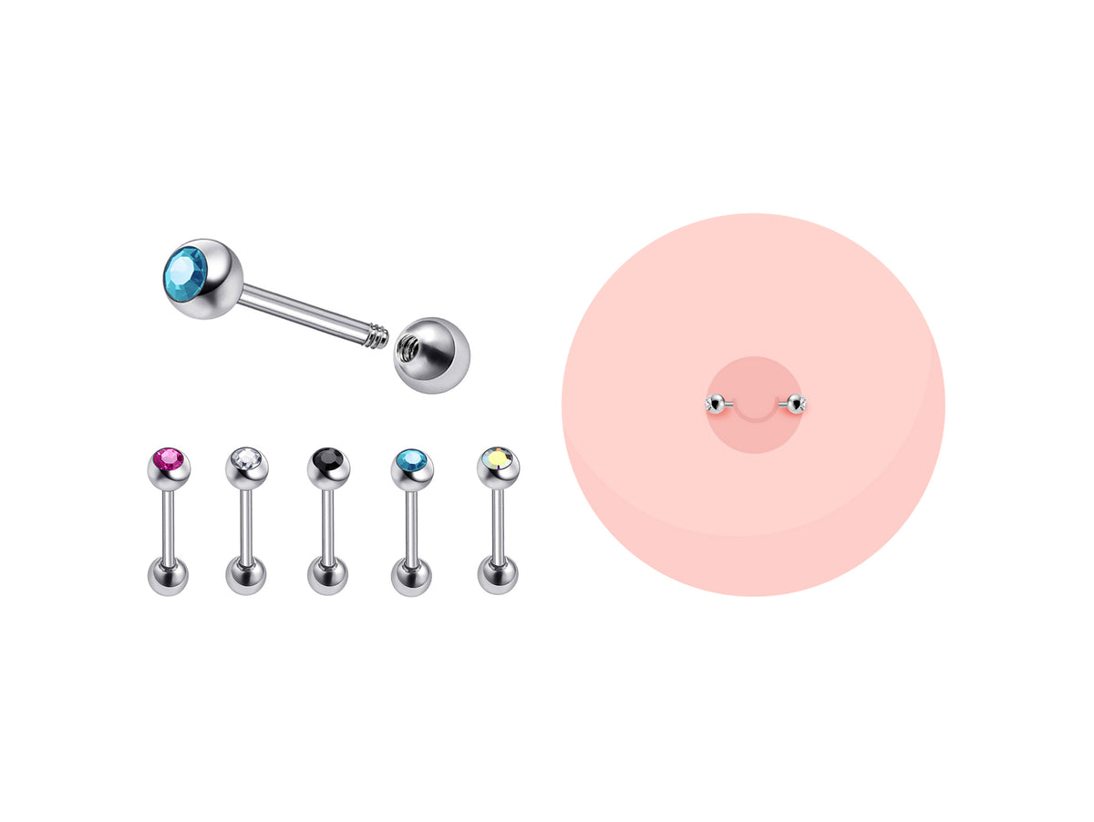 Titanium Nipple Barbell: Double Gem CZ, 16g/14g Body Piercing