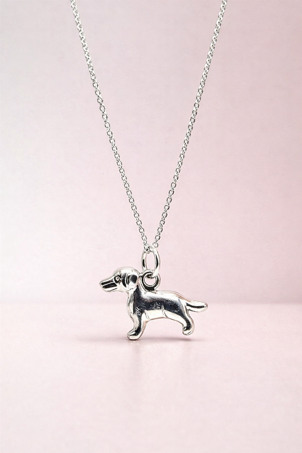 Silver dog pendant necklace on a pink background
