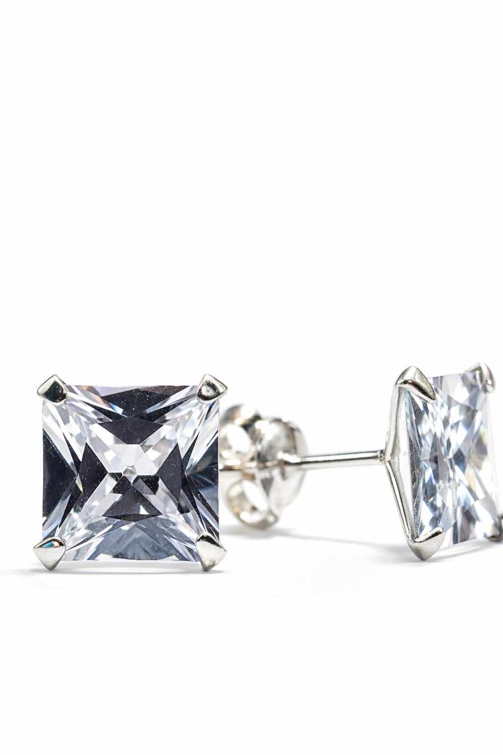 Princess cut CZ stud earrings sterling silver