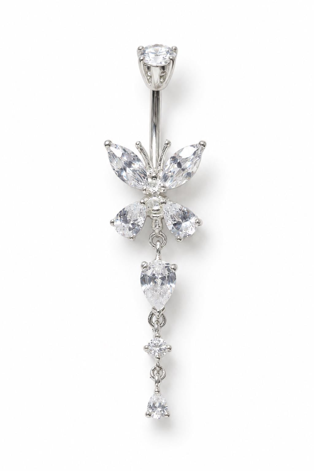 CZ Butterfly Belly Button Ring Silver Alloy  Navel Bar Dangle Drop Piercing Jewellery