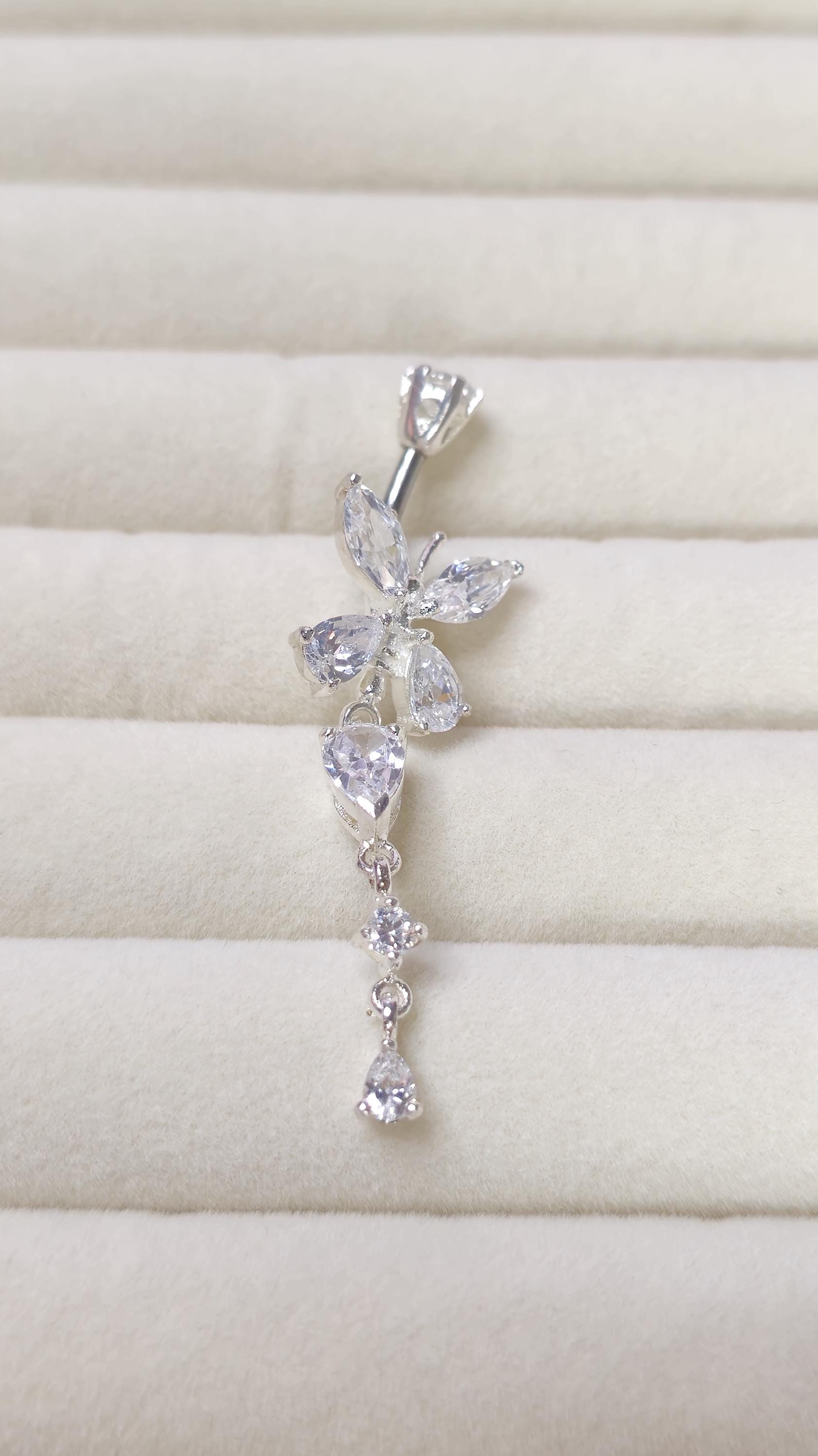 CZ Butterfly Belly Button Ring Silver Alloy  Navel Bar Dangle Drop Piercing Jewellery