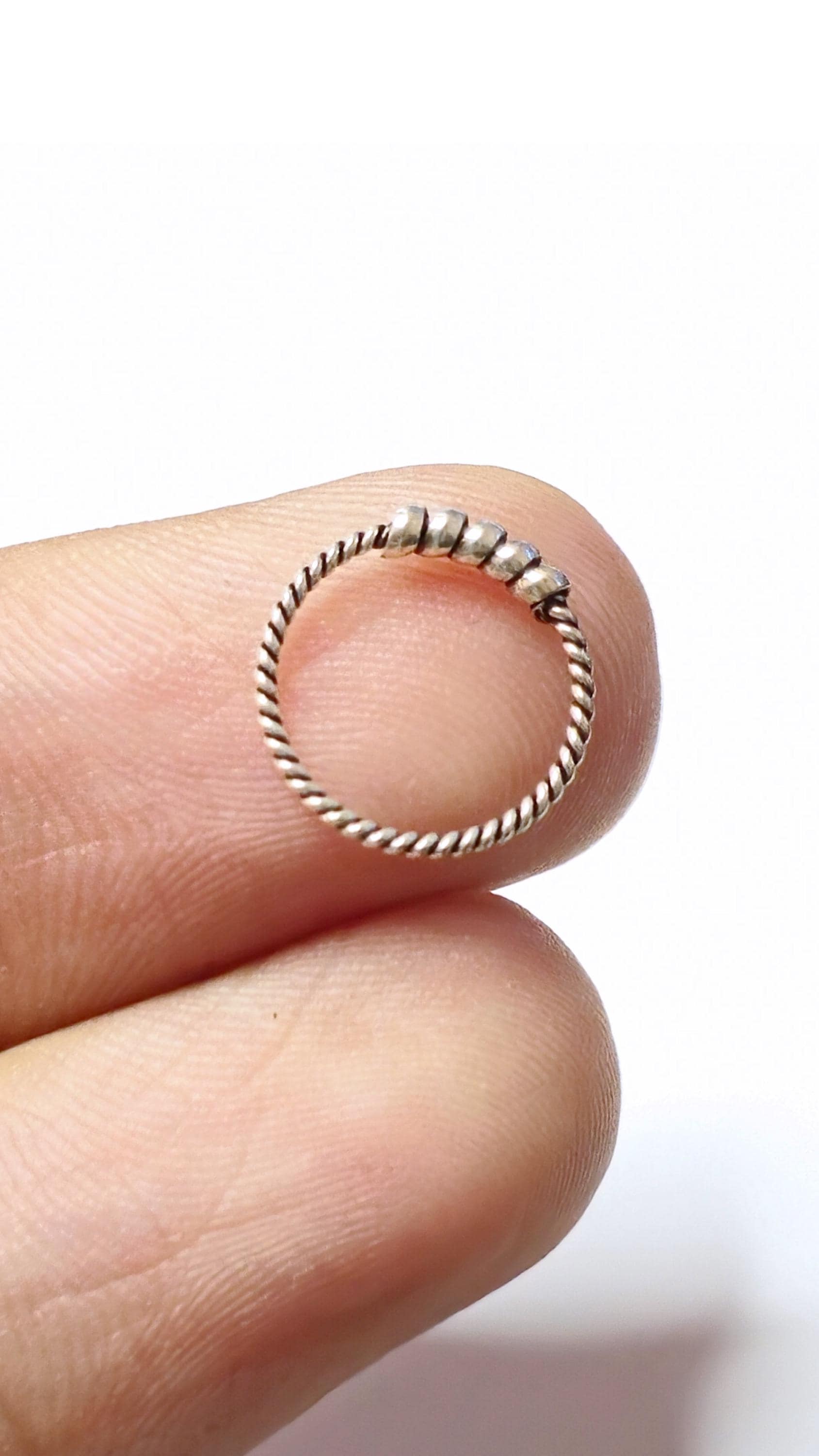 Silver Twisted Rope Nose Ring Textured Nostril Hoop, Seamless Hinged Ring
