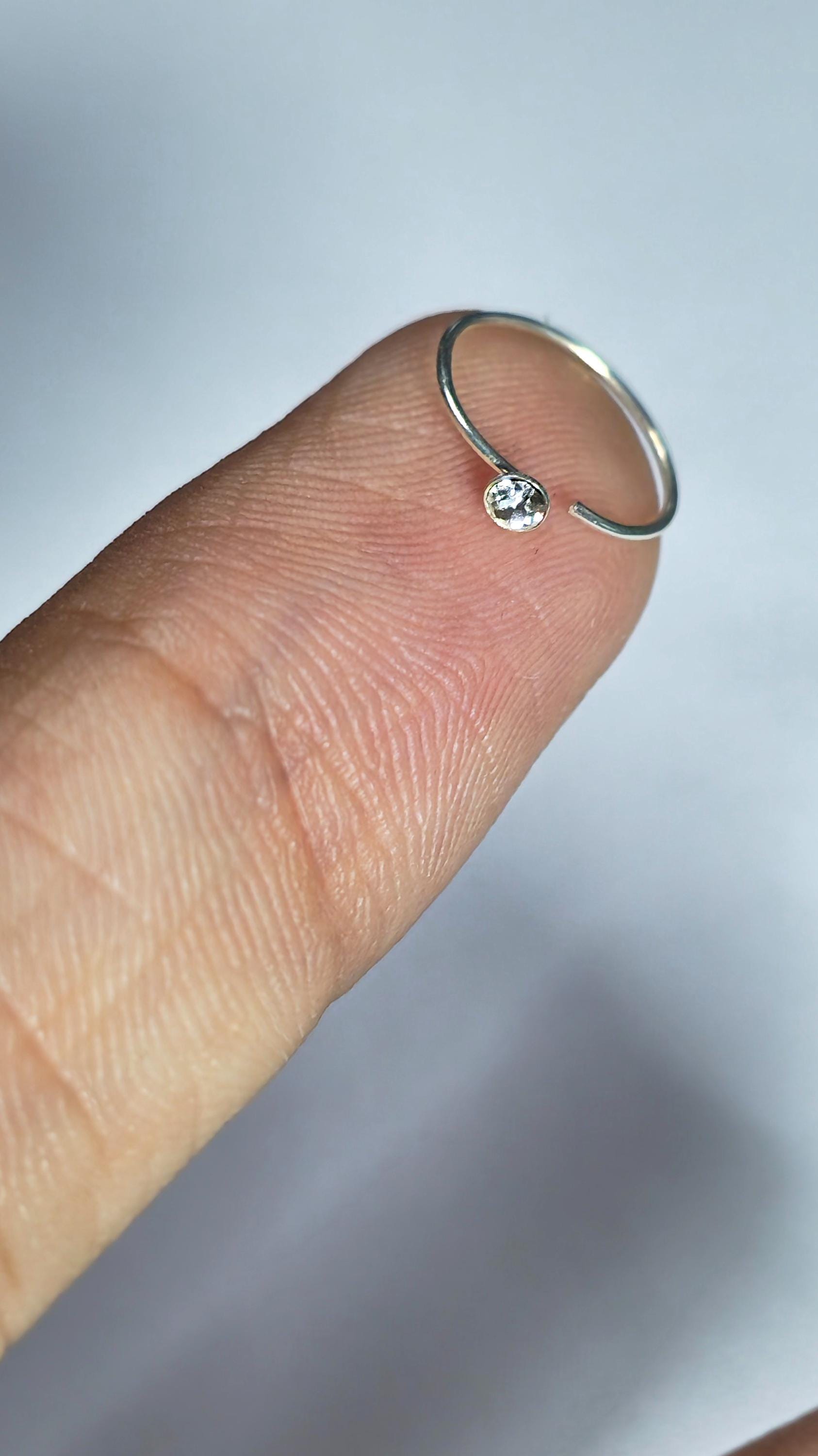 Dainty Silver Crystal Nose Ring, Silver Open Nostril Hoop