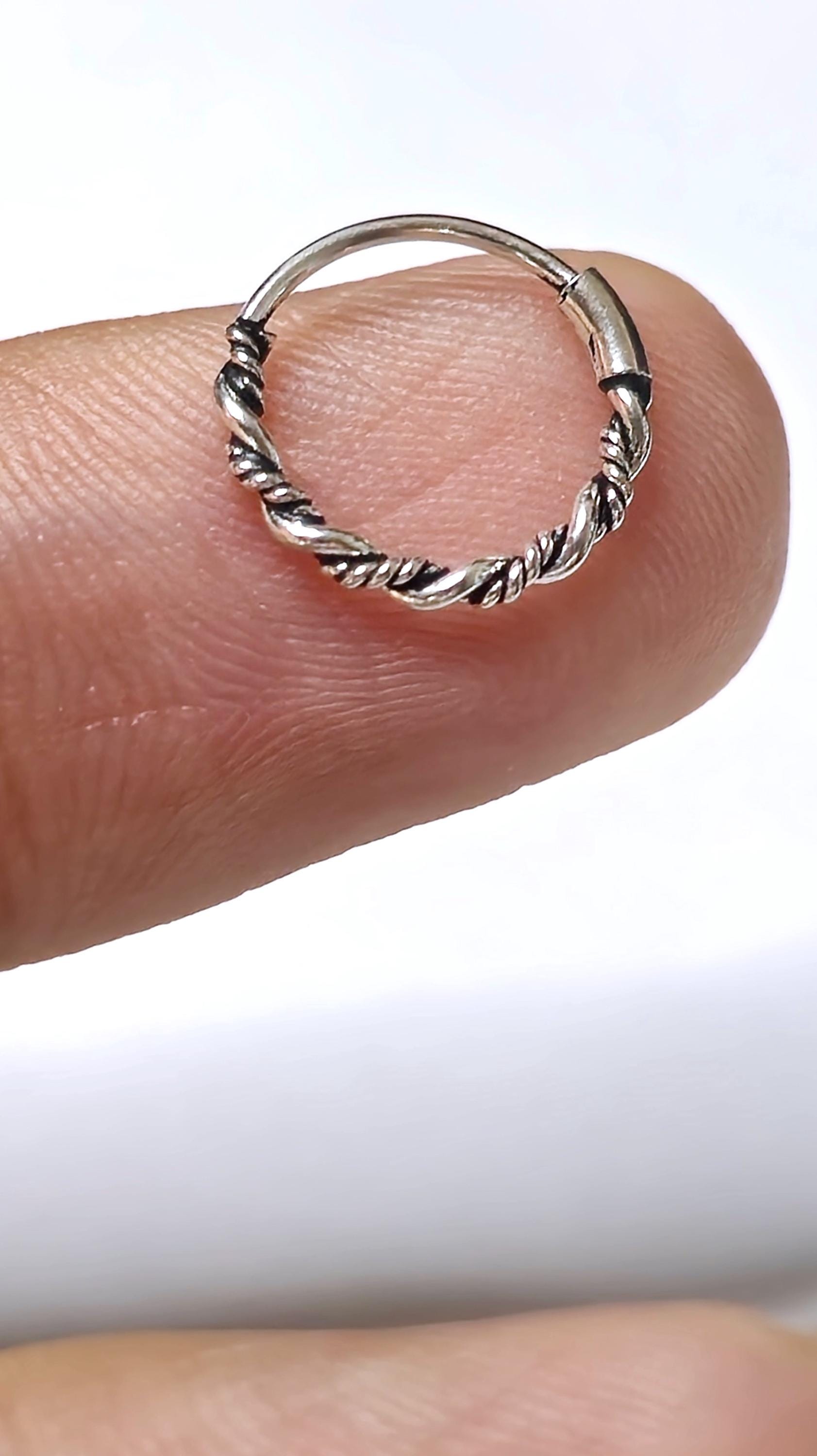 Silver Twisted Rope Nose Ring Hinged Clicker Hoop Textured Nostril and Septum Piercing