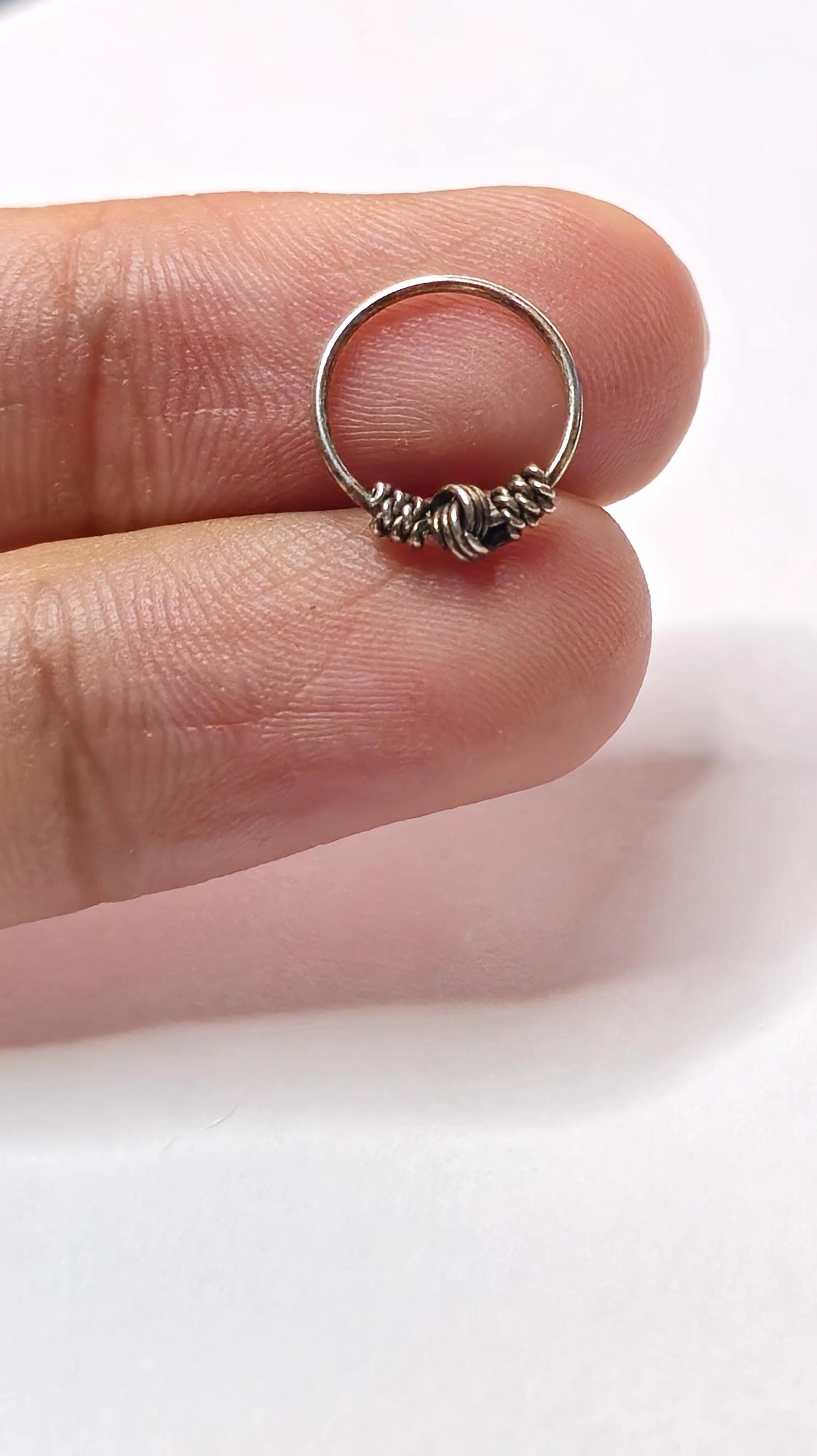 Silver Wire-Wrapped Knot Nose Ring, Boho Textured Nostril Hoop Tribal Piercing Jewellery