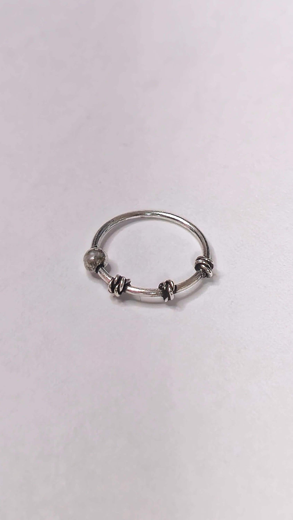 Silver Coiled Ball Nose Ring Wire-Wrapped Boho Nostril Hoop Beaded Piercing Jewellery