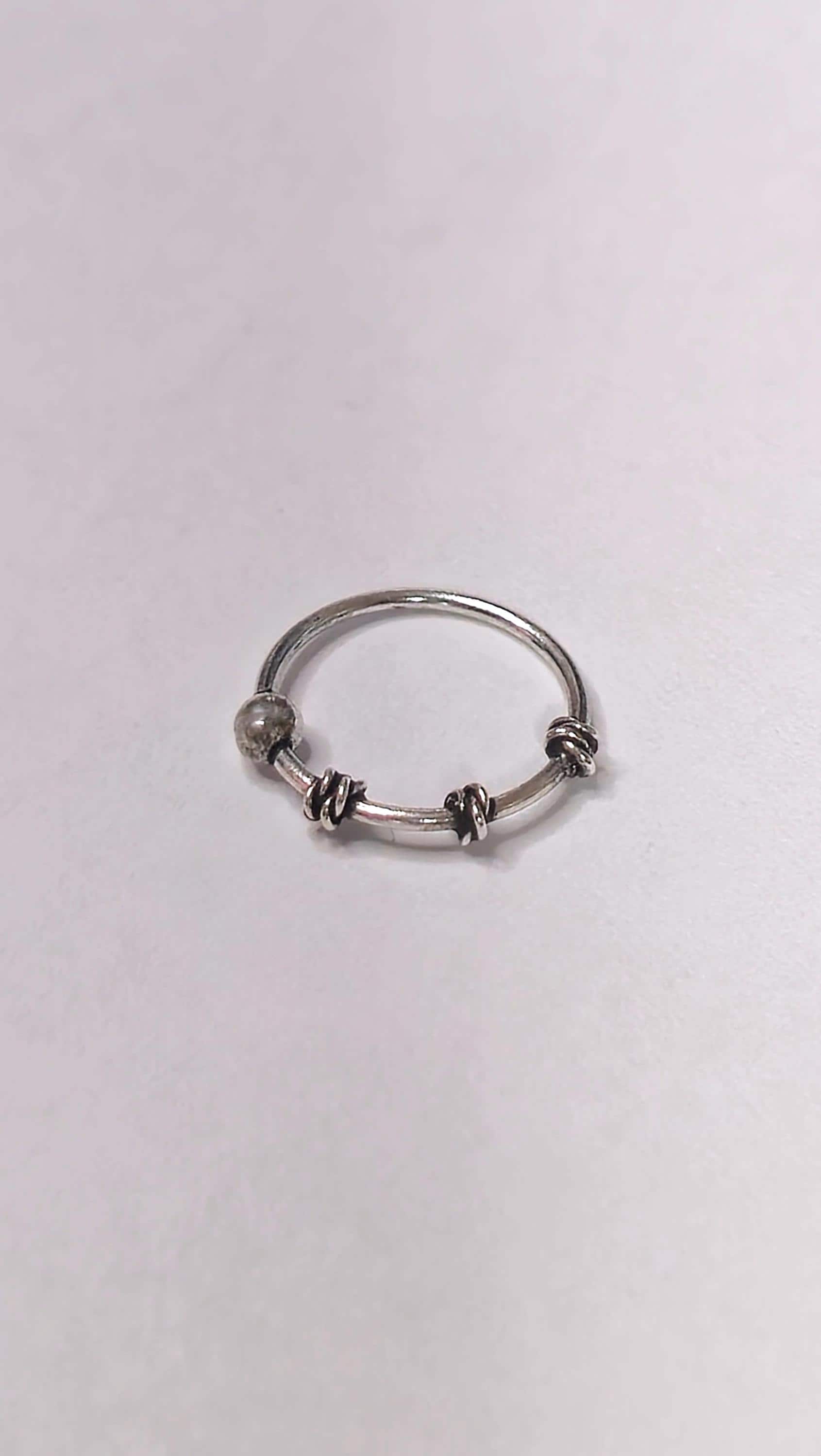 Silver Coiled Ball Nose Ring Wire-Wrapped Boho Nostril Hoop Beaded Piercing Jewellery