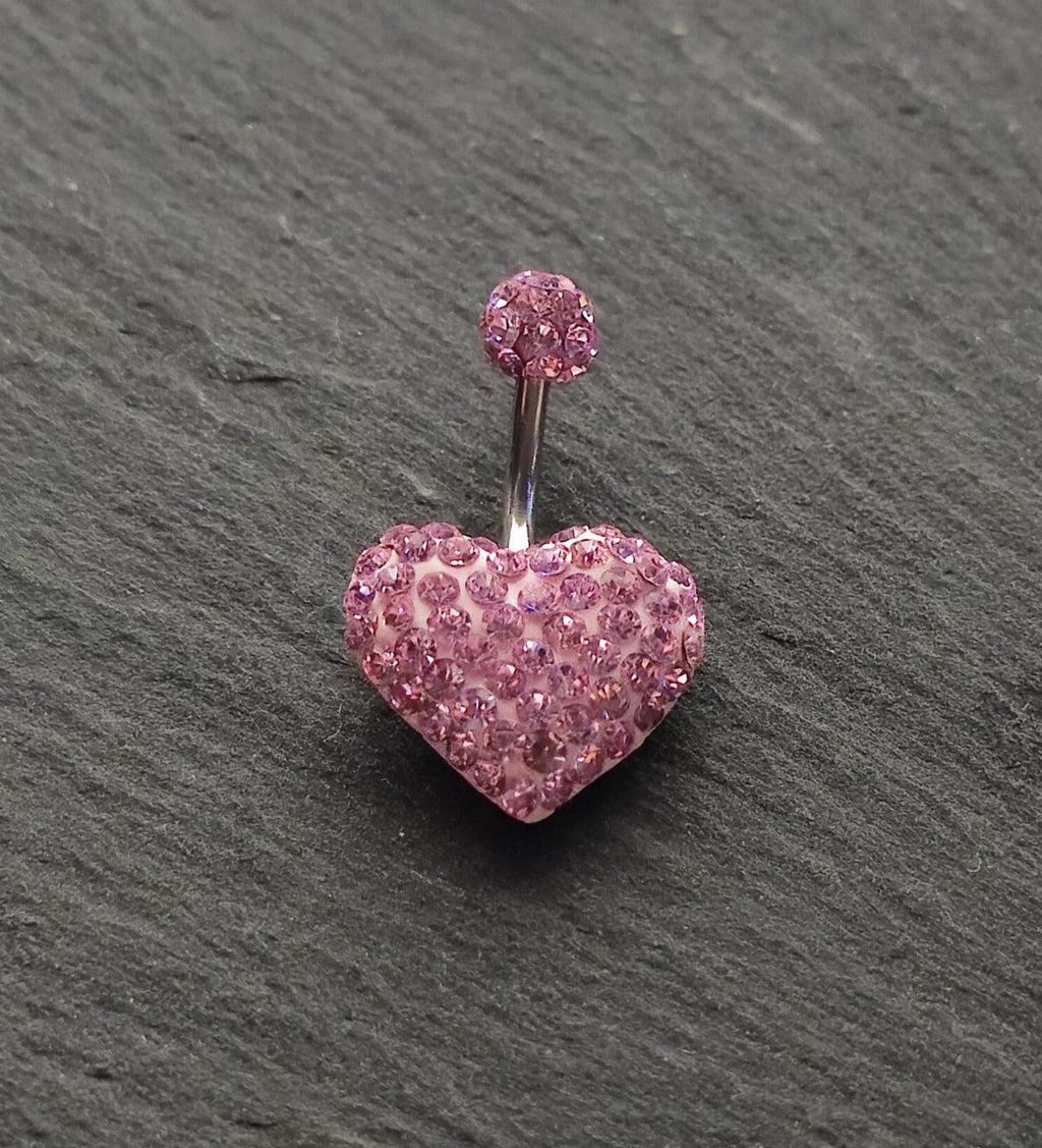 Pink Heart Belly Button Ring, Stainless Steel Bar, 14G Belly Piercing Jewelry