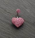 Pink Heart Belly Button Ring, Stainless Steel Bar, 14G Belly Piercing Jewelry
