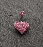 Pink Heart Belly Button Ring, Stainless Steel Bar, 14G Belly Piercing Jewelry