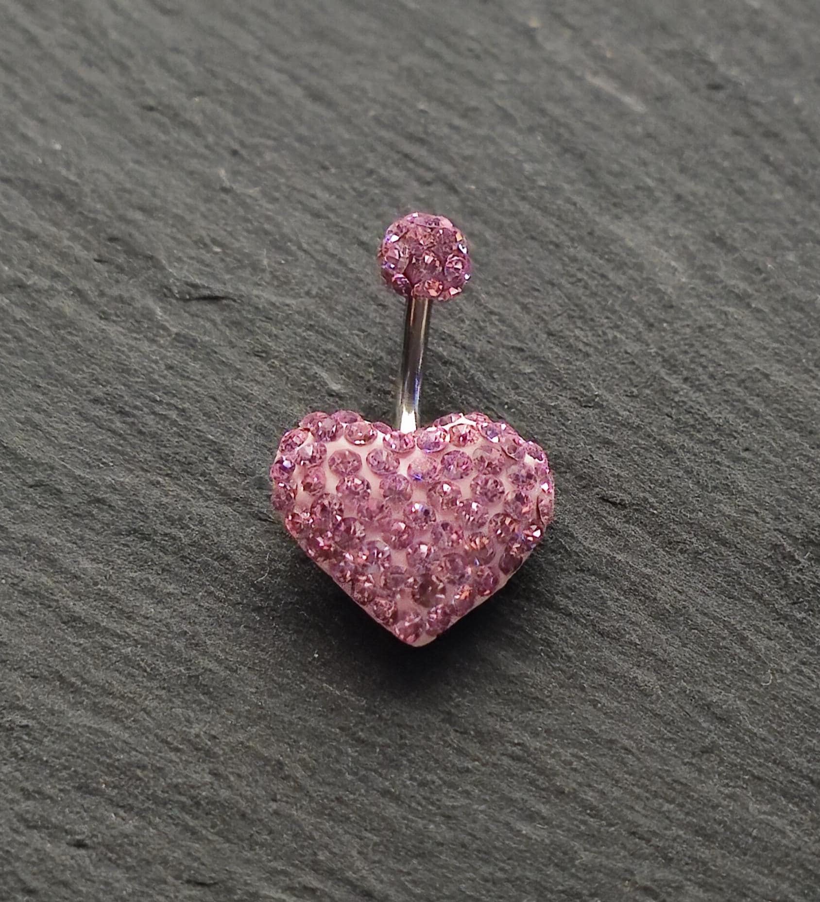Pink Heart Belly Button Ring, Stainless Steel Bar, 14G Belly Piercing Jewelry