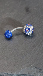 Blue Crystal Curved Barbell Belly Button Ring, Multicolour Rhinestone Navel Bar, Sparkly Body Jewellery