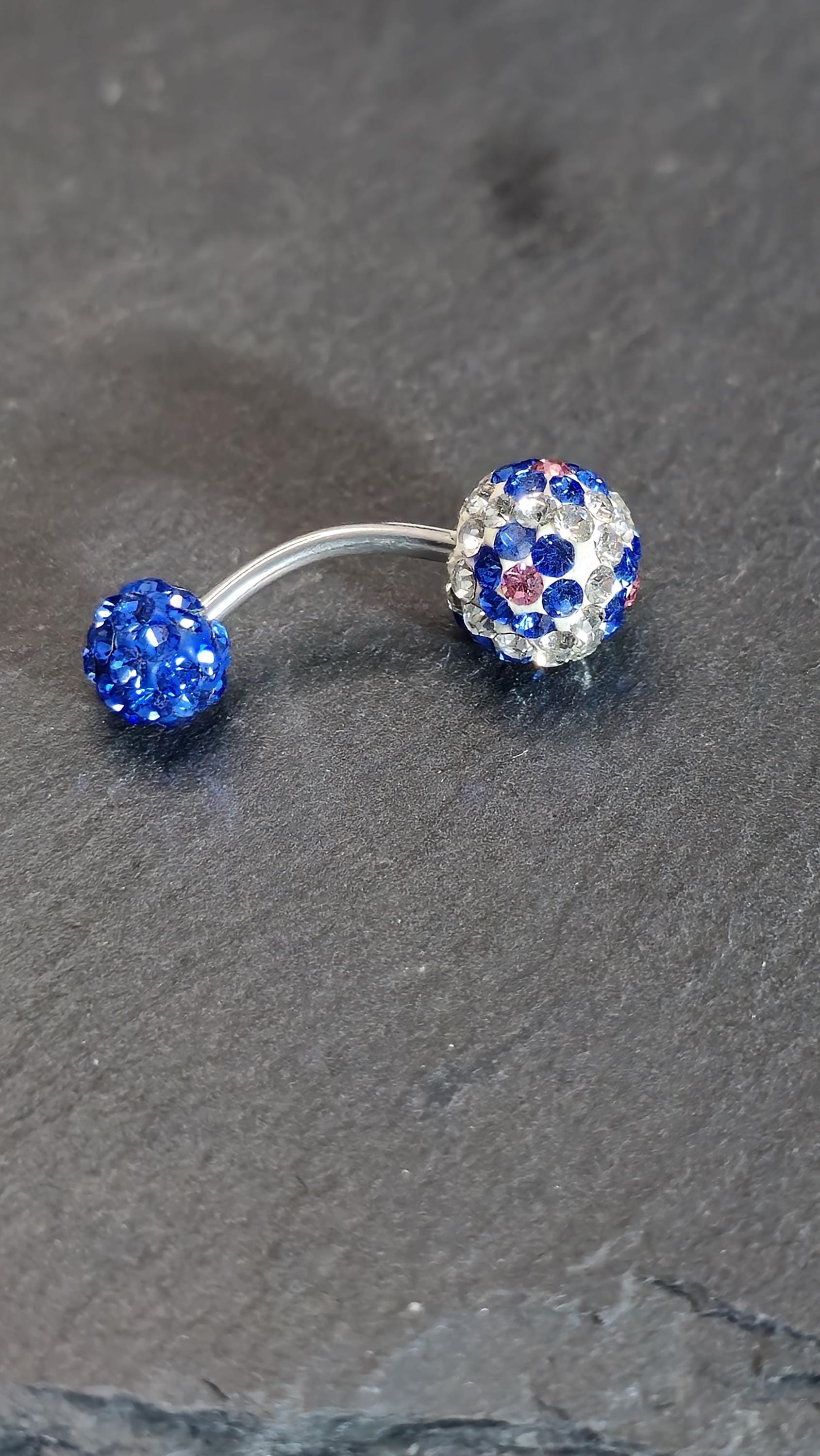 Blue Crystal Curved Barbell Belly Button Ring, Multicolour Rhinestone Navel Bar, Sparkly Body Jewellery