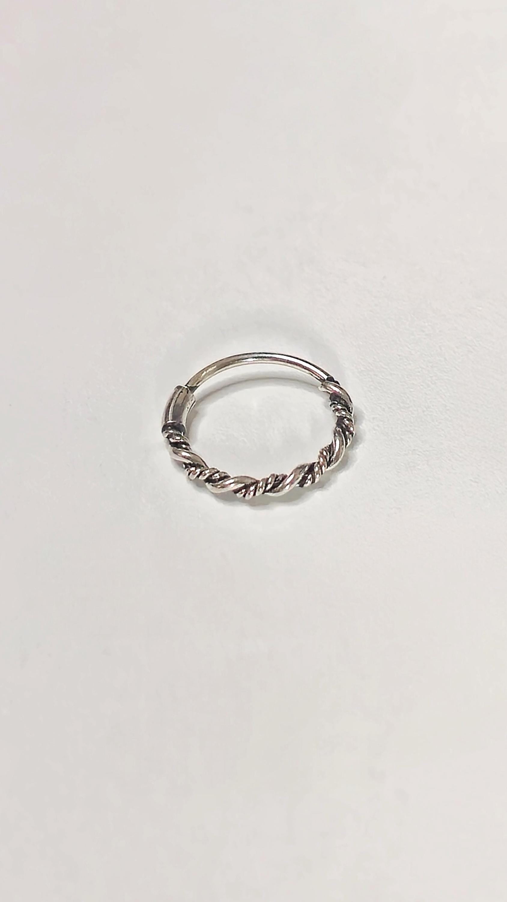 Silver Twisted Rope Nose Ring Hinged Clicker Hoop Textured Nostril and Septum Piercing