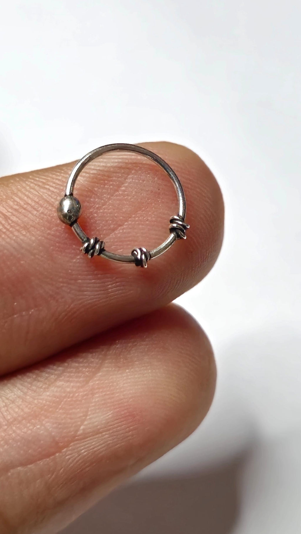 Silver Coiled Ball Nose Ring Wire-Wrapped Boho Nostril Hoop Beaded Piercing Jewellery