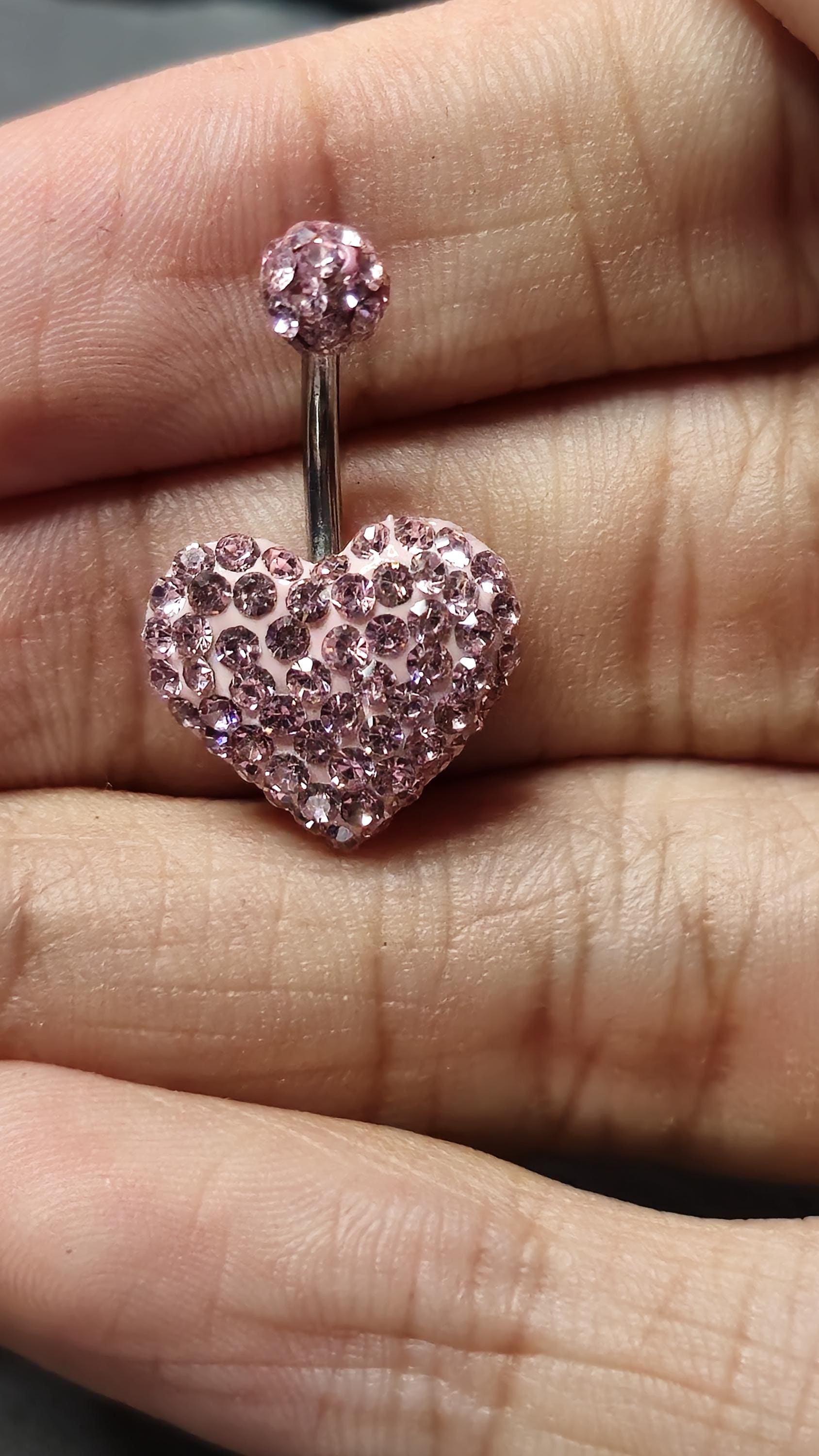 Pink Heart Belly Button Ring, Stainless Steel Bar, 14G Belly Piercing Jewelry
