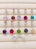 Round Double Crystal Belly Button Ring, Stainless Steel Curved Belly Navel Barbells