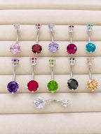 Round Double Crystal Belly Button Ring, Stainless Steel Curved Belly Navel Barbells