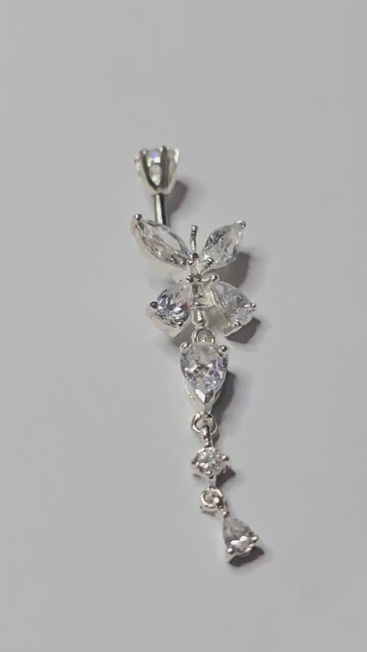 CZ Butterfly Belly Button Ring Silver Alloy  Navel Bar Dangle Drop Piercing Jewellery