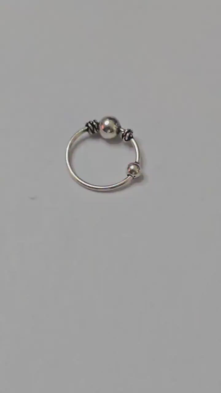 Silver Ball Nose Ring Wire-Wrapped Nostril Hoop Boho Beaded Piercing