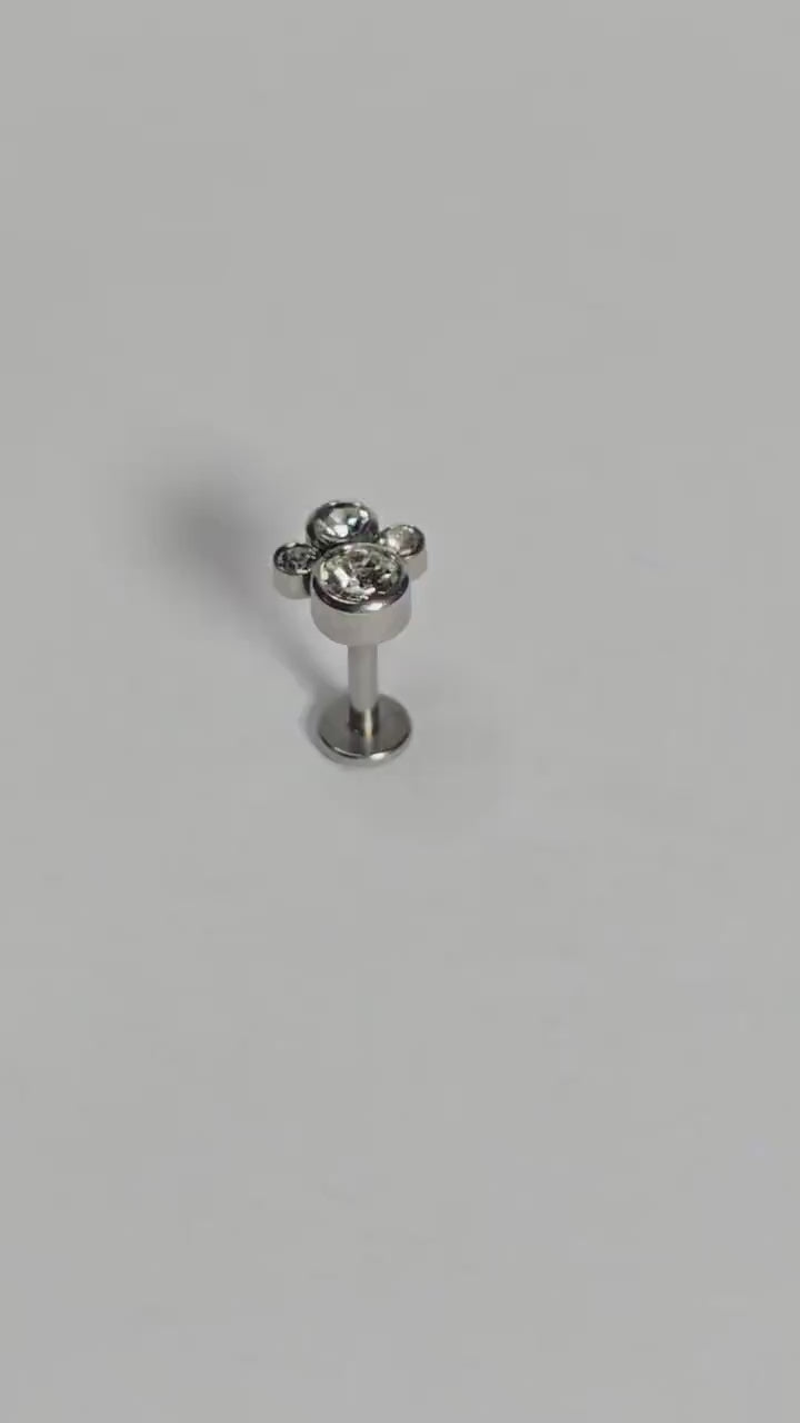 Clear CZ Paw Print Labret Stud, Flat Back Earring, Tragus Helix Cartilage Piercing Jewellery