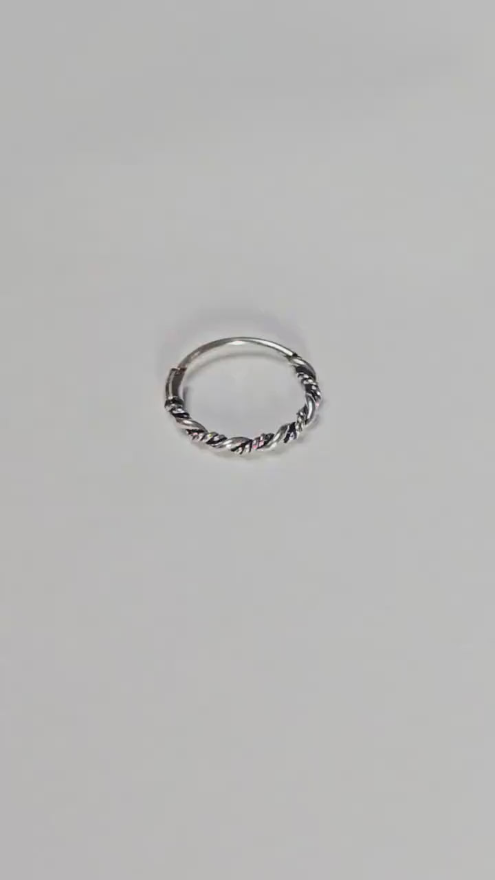 Silver Twisted Rope Nose Ring Hinged Clicker Hoop Textured Nostril and Septum Piercing