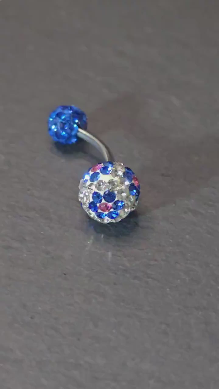 Blue Crystal Curved Barbell Belly Button Ring, Multicolour Rhinestone Navel Bar, Sparkly Body Jewellery