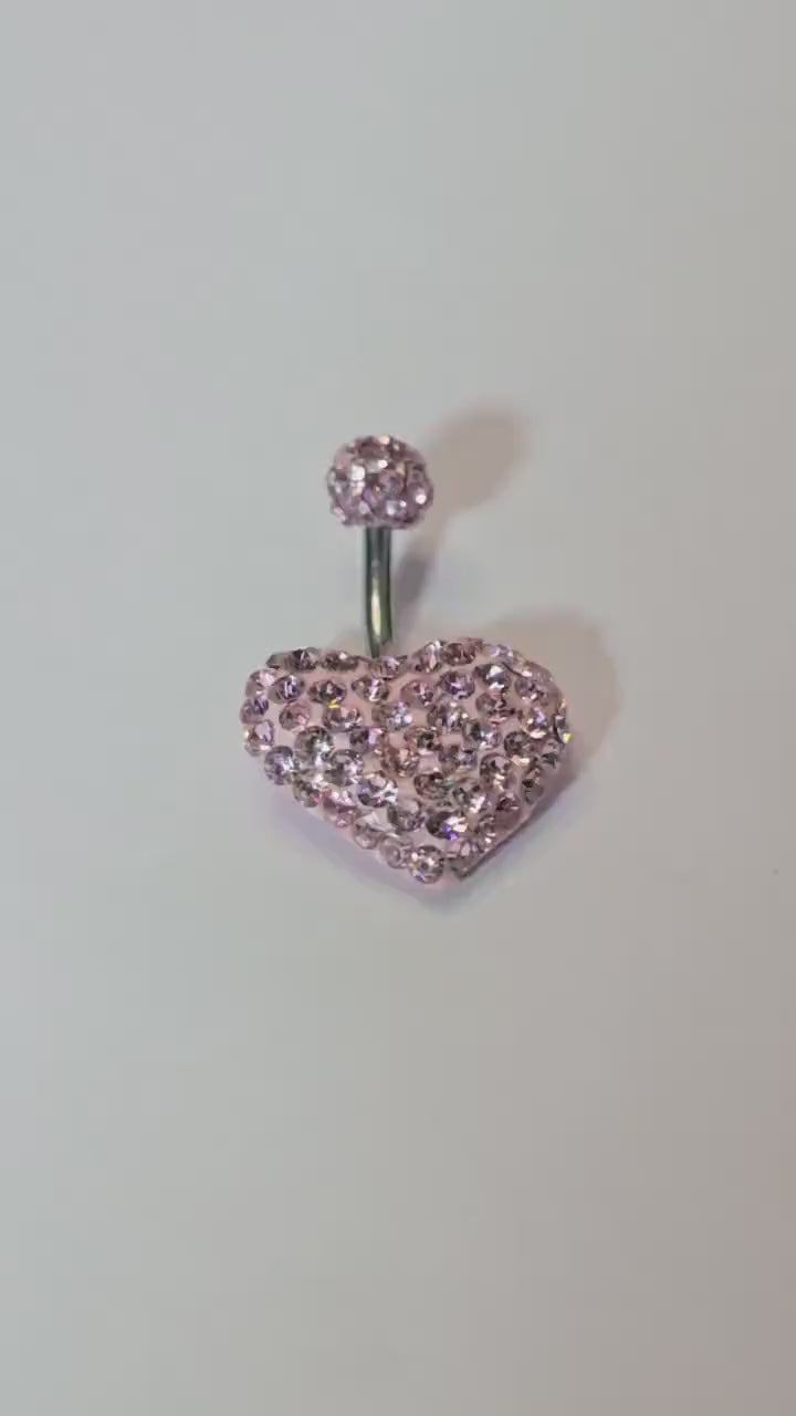 Pink Heart Belly Button Ring, Stainless Steel Bar, 14G Belly Piercing Jewelry
