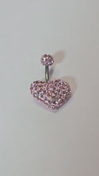 Pink Heart Belly Button Ring, Stainless Steel Bar, 14G Belly Piercing Jewelry