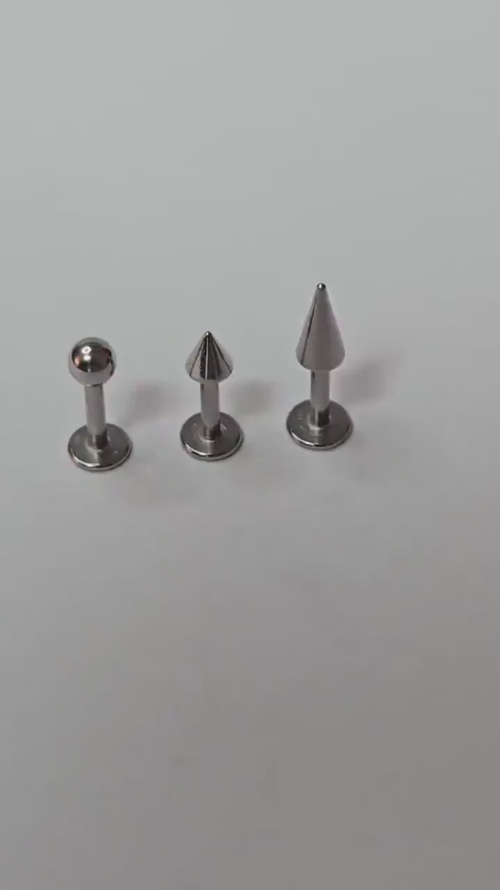 3 Piece Stainless Steel Labret Stud Set, Ball Cone Spike Flat Back Lip Rings